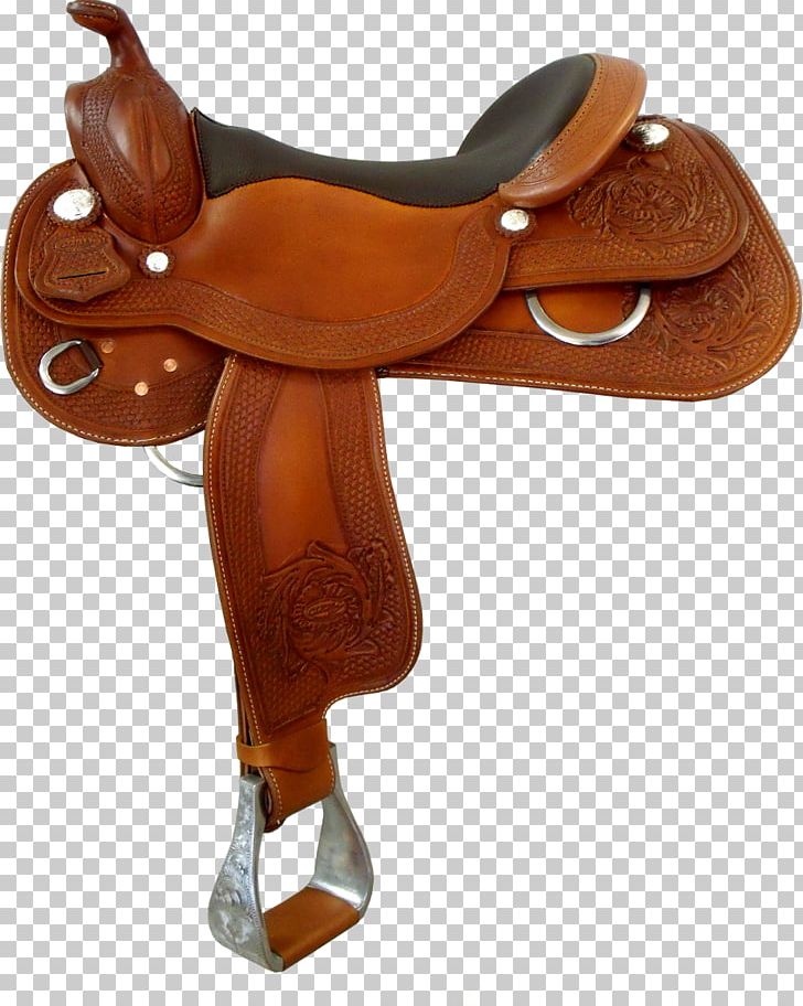 Hand-tooled Western leather saddle with silver conchos, black seat, and ornate floral tooling on fenders and skirts.