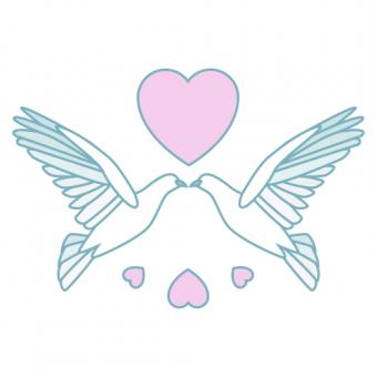 Two stylized doves with outstretched wings facing each other, forming a heart shape above them, with smaller hearts below.
