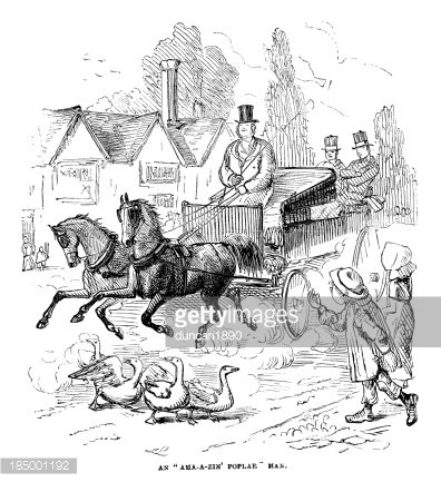 Victorian-era cartoon showing a horse-drawn carriage startling geese in a village street, with onlookers and a startled man.