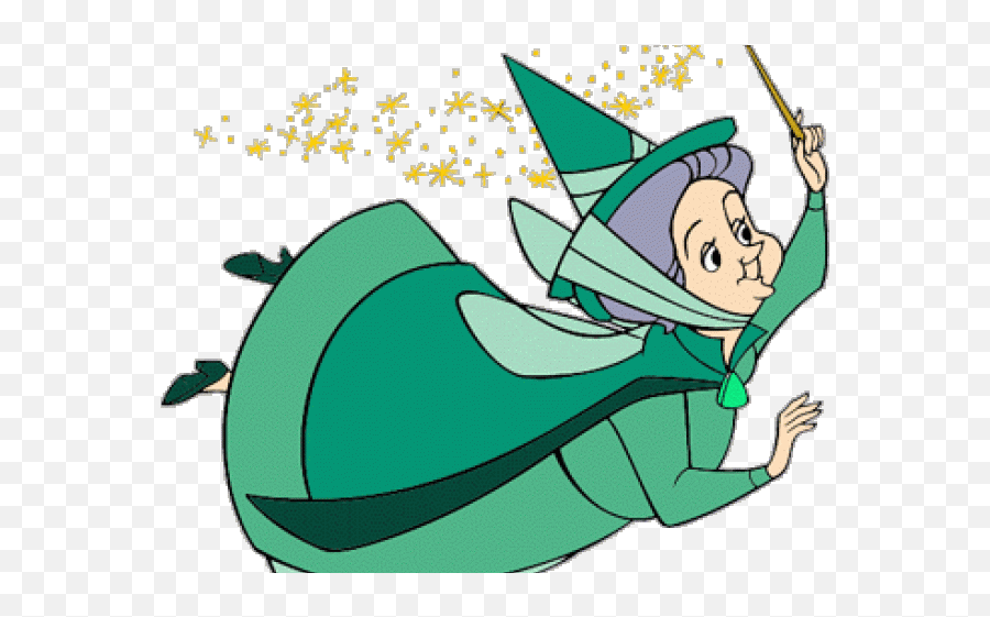 A green-clad fairy godmother in a pointed hat casts magic with a wand, golden sparkles trailing behind her.