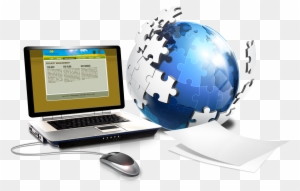 Laptop displaying webpage next to a puzzle-piece globe, mouse, and document on transparent background.