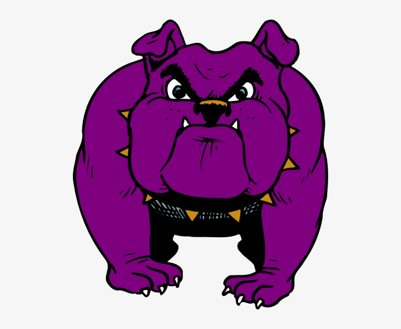 Purple bulldog mascot with spiked collar, fierce expression, and sharp teeth.