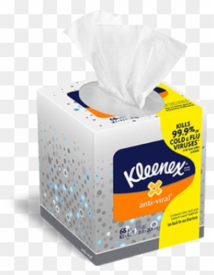 Kleenex Anti-Viral tissue box with tissues emerging, featuring 99.9% cold and flu virus kill claim.