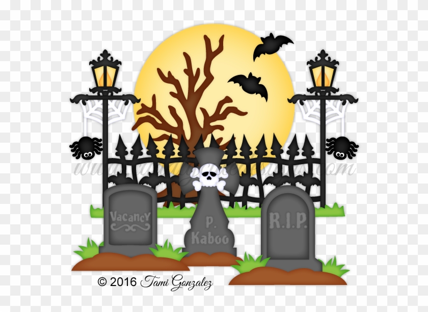 Spooky Halloween graveyard scene with tombstones, bats, bare tree, and lanterns under a full moon.