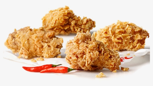 Crispy fried chicken pieces with red chili peppers on a white paper liner, KFC branding visible.