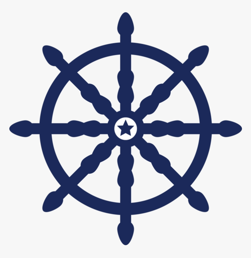 Navy blue ship’s wheel icon with a central white star, symbolizing maritime navigation and leadership.