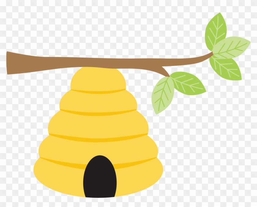 Yellow beehive hanging from a tree branch with green leaves, cartoon-style illustration.