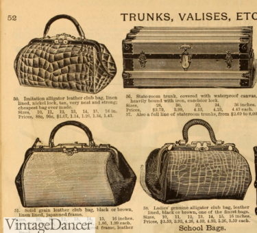 Vintage 1920s advertisement showcasing various school bags, trunks, and valises with prices and descriptions.