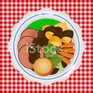 A colorful plate of traditional boiled dinner with ham, potatoes, carrots, peas, and cabbage on a red-and-white checkered tablecloth.