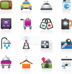 Collection of 16 colorful service and utility icons including TV, taxi, bellhop, washing machine, safe, luggage cart, padlocks, clock, shower, tower, fan, credit card, trolley, hanger, camera, and projector.