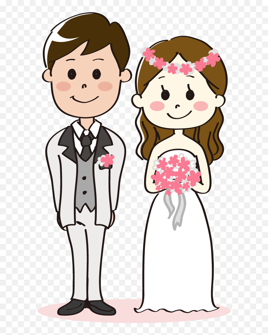 Cartoon bride and groom in wedding attire, smiling with pink flowers and bouquet.