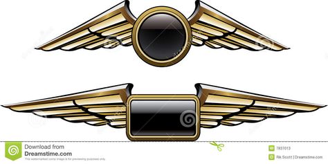Golden winged emblem with black center-circular and rectangular versions for logos or badges.