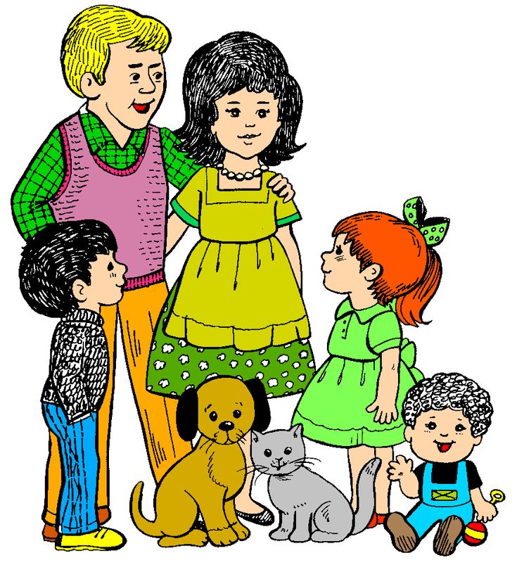 A colorful illustration of five children and two pets-a dog and a cat-gathered together in a friendly, cheerful scene.