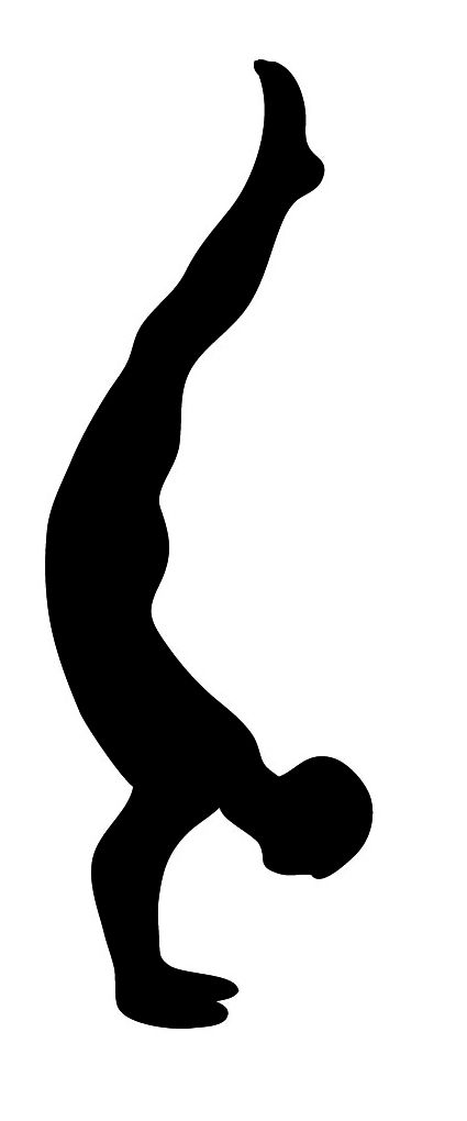 Silhouette of a person performing a handstand with arched back and legs extended upward.