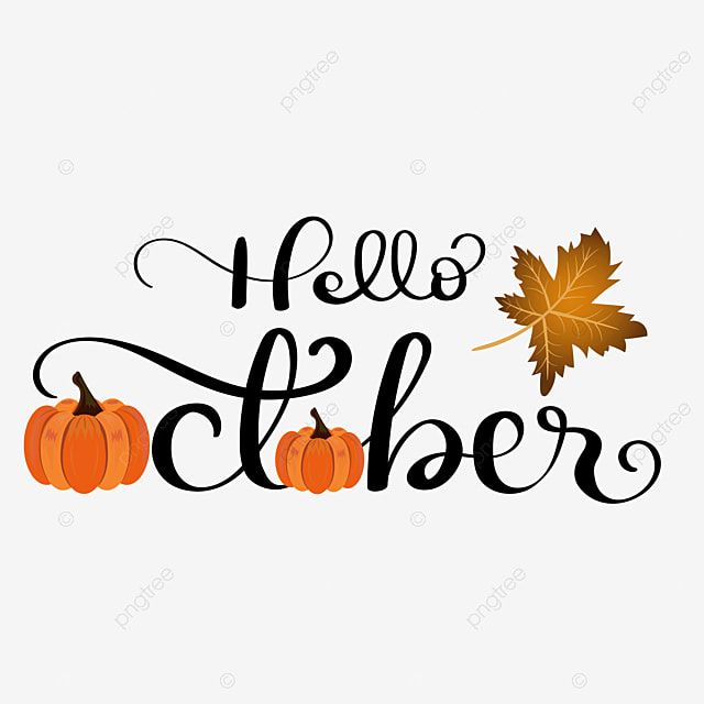 "Hello October" calligraphy with pumpkins and a maple leaf, autumn-themed graphic.