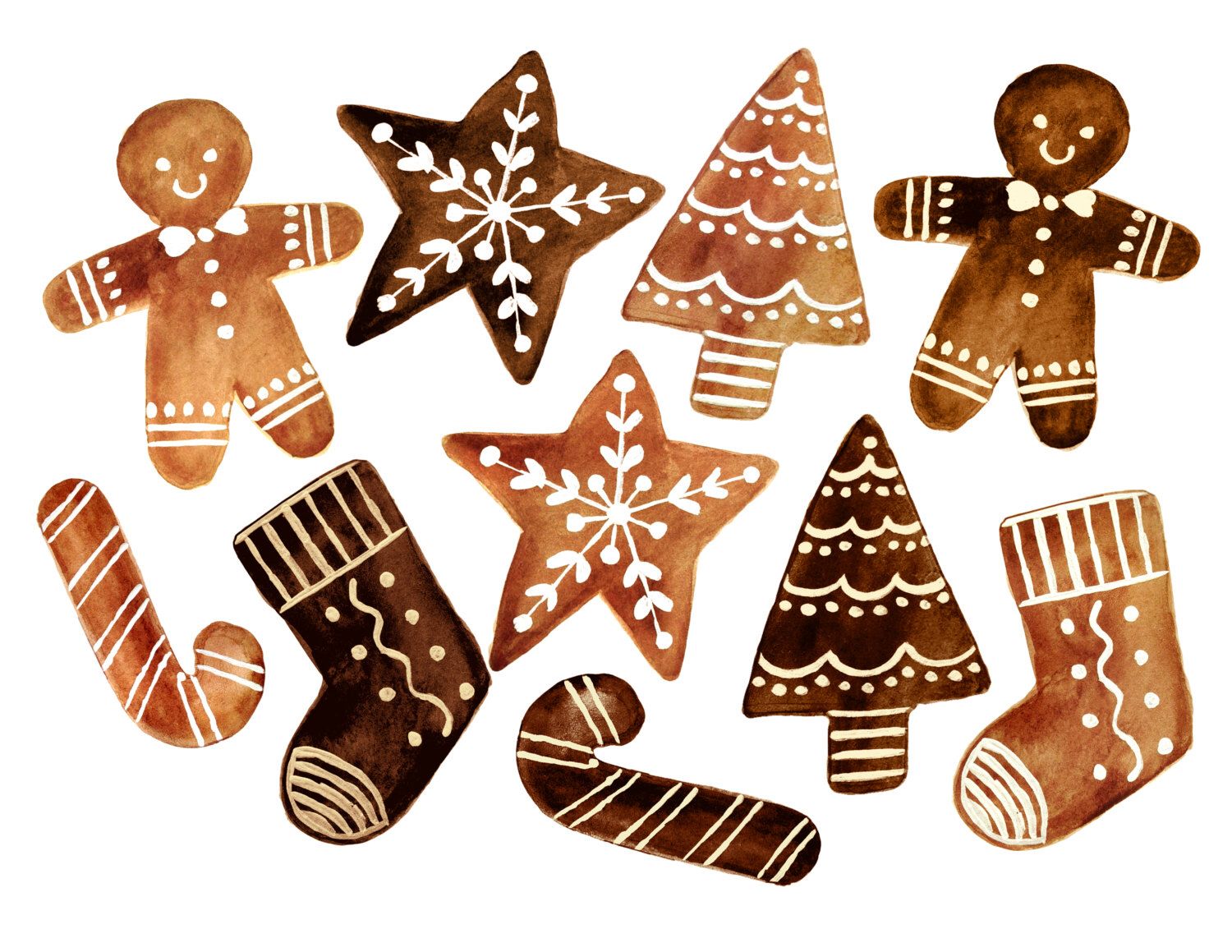 Watercolor-style gingerbread cookies in festive shapes: men, stars, trees, stockings, and candy canes with white icing details.