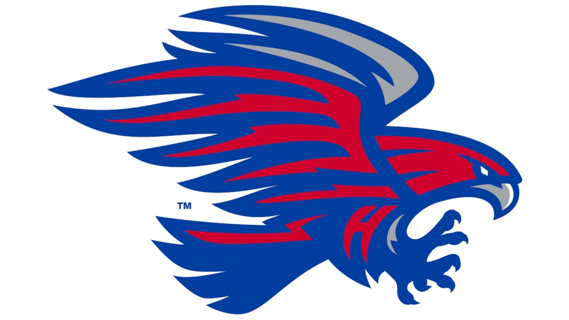Stylized blue and red hawk logo with outstretched wings, sharp talons, and fierce expression, trademarked.