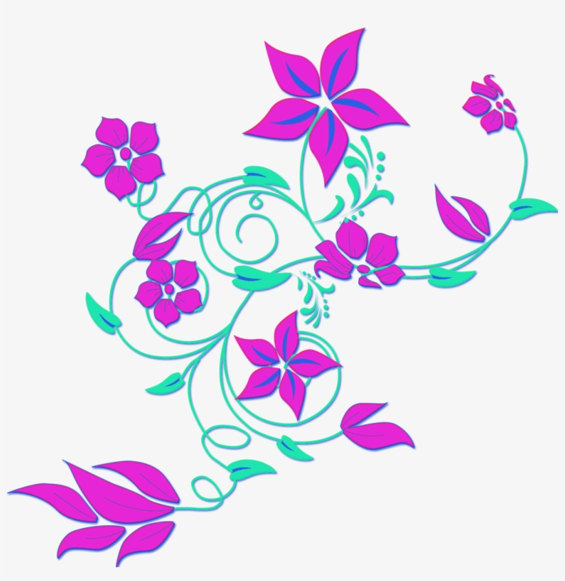 Vibrant pink floral vine design with teal swirls and leaves on white background.