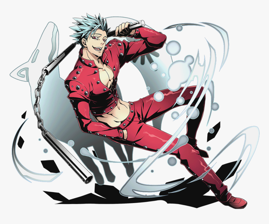 A spiky-haired anime character in a red studded outfit wields nunchaku with dynamic motion effects and a confident grin.