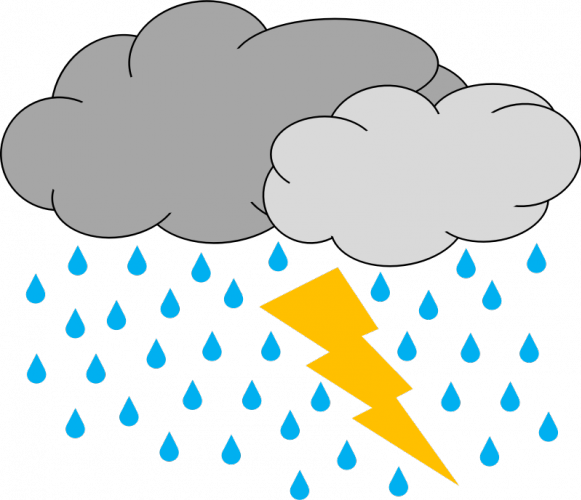 Stormy weather icon showing dark clouds, blue raindrops, and a yellow lightning bolt.