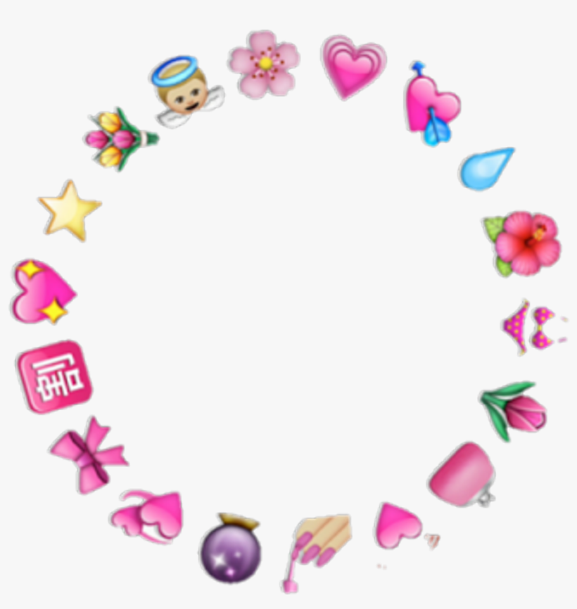 A circular arrangement of pink-themed emojis including hearts, flowers, bows, a cherub, and beauty items on white background.