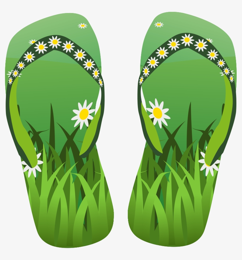 Green flip-flops with daisy-patterned straps and grassy soles, evoking springtime and nature.