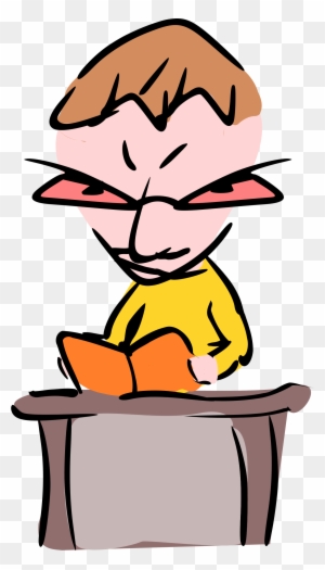 Angry cartoon boy in yellow shirt reading a book at a desk with furrowed brows and red eyes.