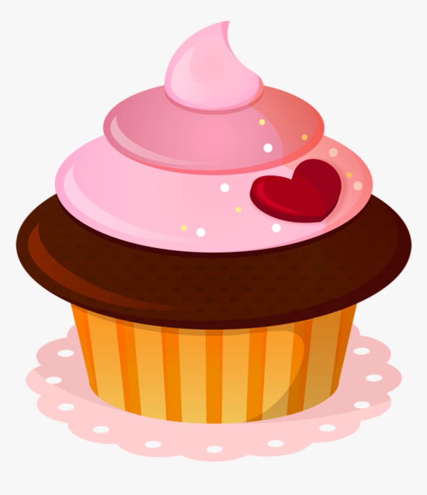Chocolate cupcake with pink frosting, red heart decoration, and striped paper liner on a lace doily.