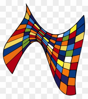 Colorful twisted ribbon with a grid pattern, creating a dynamic 3D optical illusion effect.
