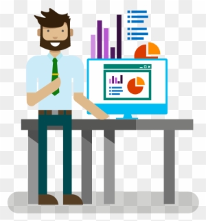 Bearded man in business casual attire presenting data charts on a computer screen at a desk.
