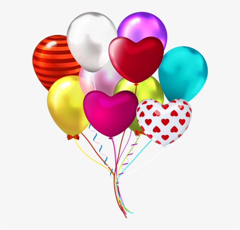 Colorful heart-shaped and round balloons in vibrant red, pink, purple, yellow, teal, and striped patterns, tied with ribbons.