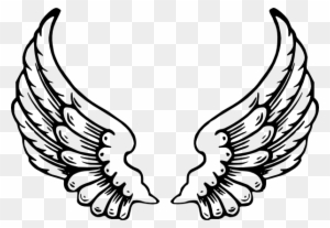 Black-and-white line art of symmetrical angel wings with detailed feather layers on transparent background.