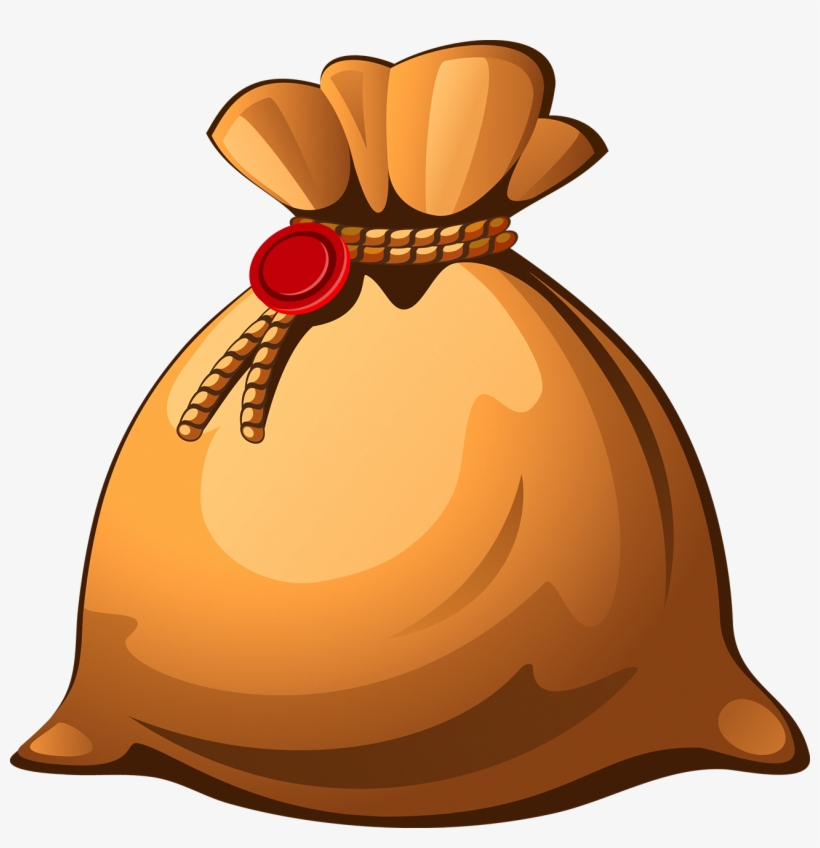 A full brown leather sack tied with a rope and sealed with a red wax stamp, suggesting treasure or valuable contents.