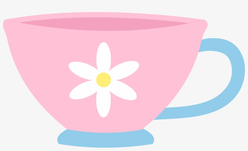 Pink teacup with white daisy and yellow center, light blue handle and base.