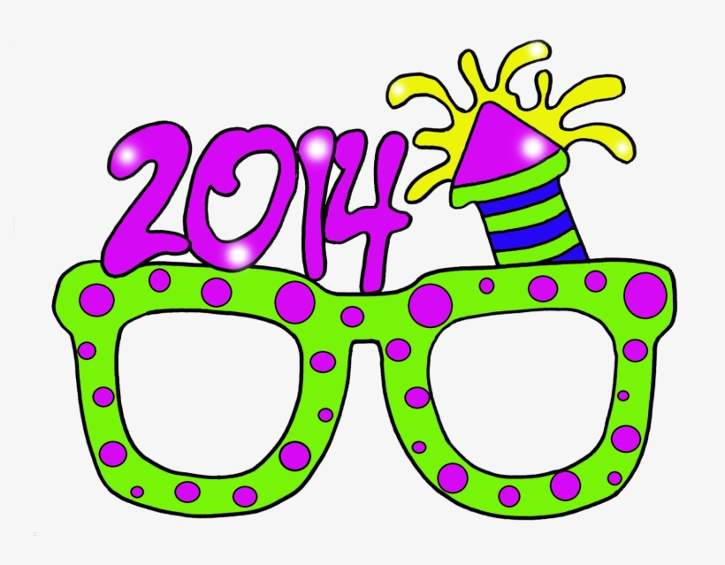 Festive 2014 New Year’s glasses with purple polka dots, firework hat, and glowing numbers.