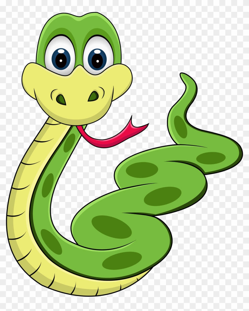 Friendly cartoon green snake with big eyes and red forked tongue, coiled playfully on transparent background.