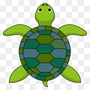 Colorful cartoon sea turtle with green limbs and a hexagonal-patterned shell in shades of teal and olive.