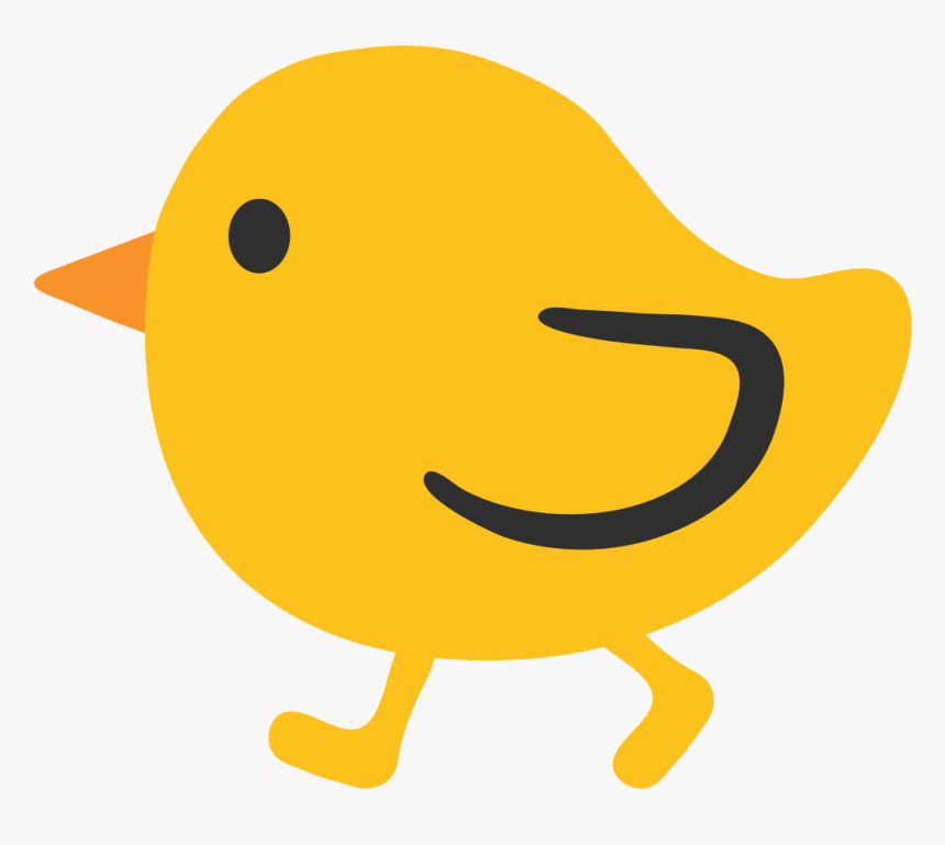 A cheerful yellow cartoon chick with an orange beak, black eye, and smiling wing, walking forward on two legs.