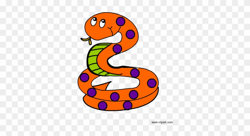 Cartoon orange snake with purple spots and green belly, coiled playfully on transparent background.