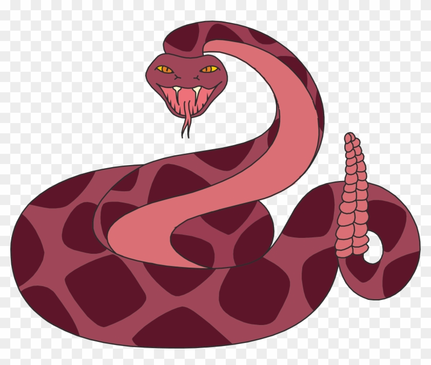 Cartoon illustration of a coiled red-brown rattlesnake with yellow eyes, fangs, and a raised rattle, set on transparent background.