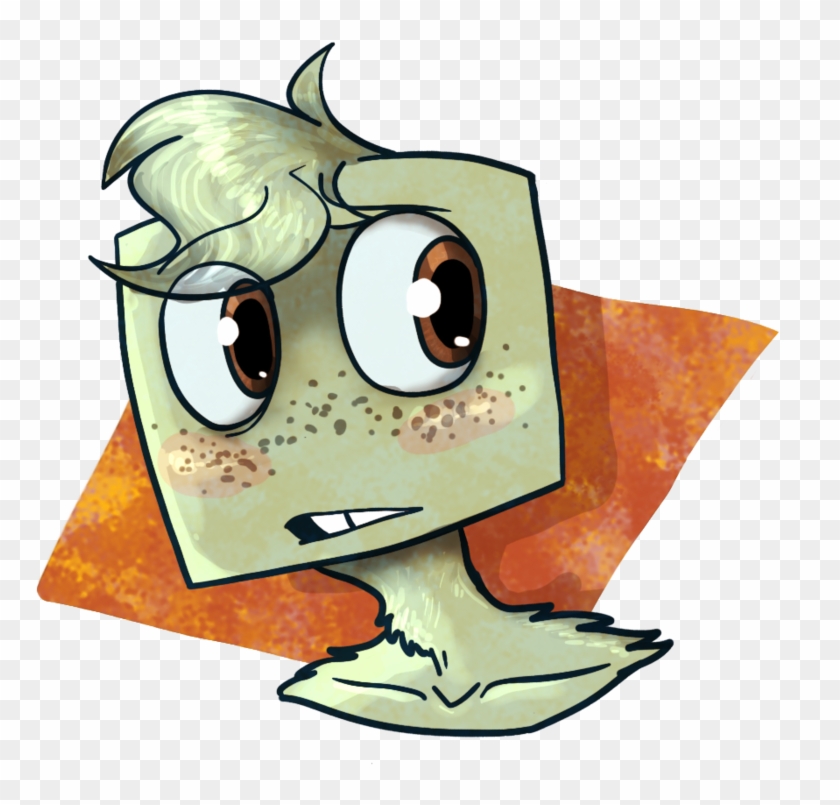 A cartoonish, square-headed character with wide eyes, messy blond hair, freckles, and a surprised expression against an orange backdrop.