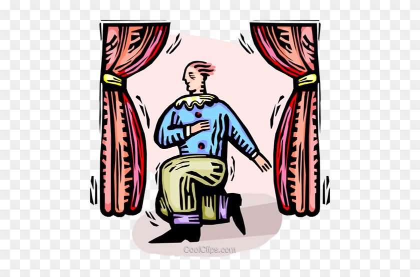A stylized cartoon figure in a blue ruffled shirt and green pants kneels on stage between red theater curtains, appearing dramatic or emotional.