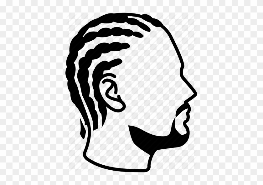 Silhouette of a man’s profile with cornrow braids and beard, black-and-white line art.