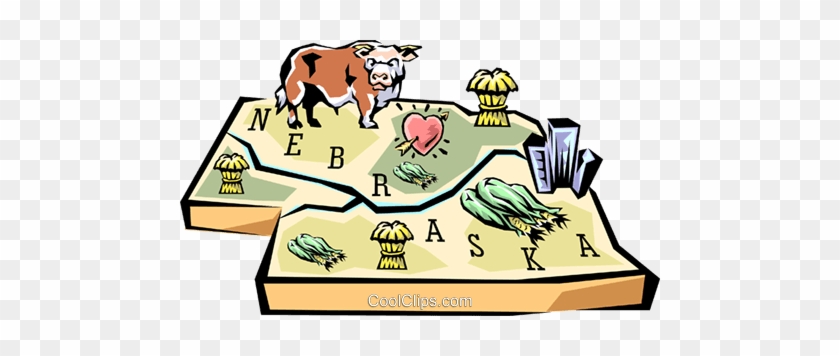 Cartoon map of Nebraska and Kansas featuring a cow, corn, wheat, heart, and city skyline symbols.