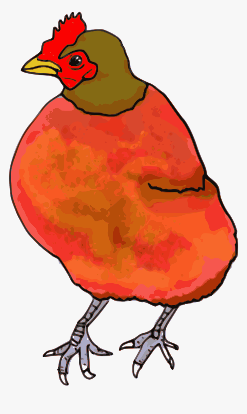 Stylized cartoon rooster with vibrant red-orange plumage, green neck, yellow beak, and prominent red comb.