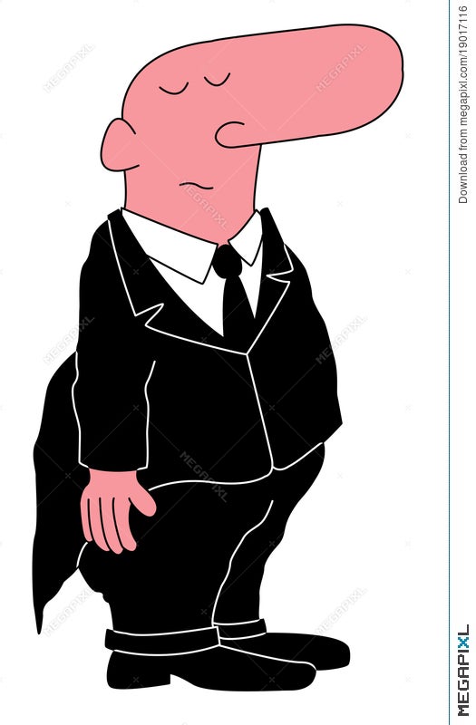 Cartoon man in black suit with oversized pink nose, eyes closed, looking weary or skeptical.