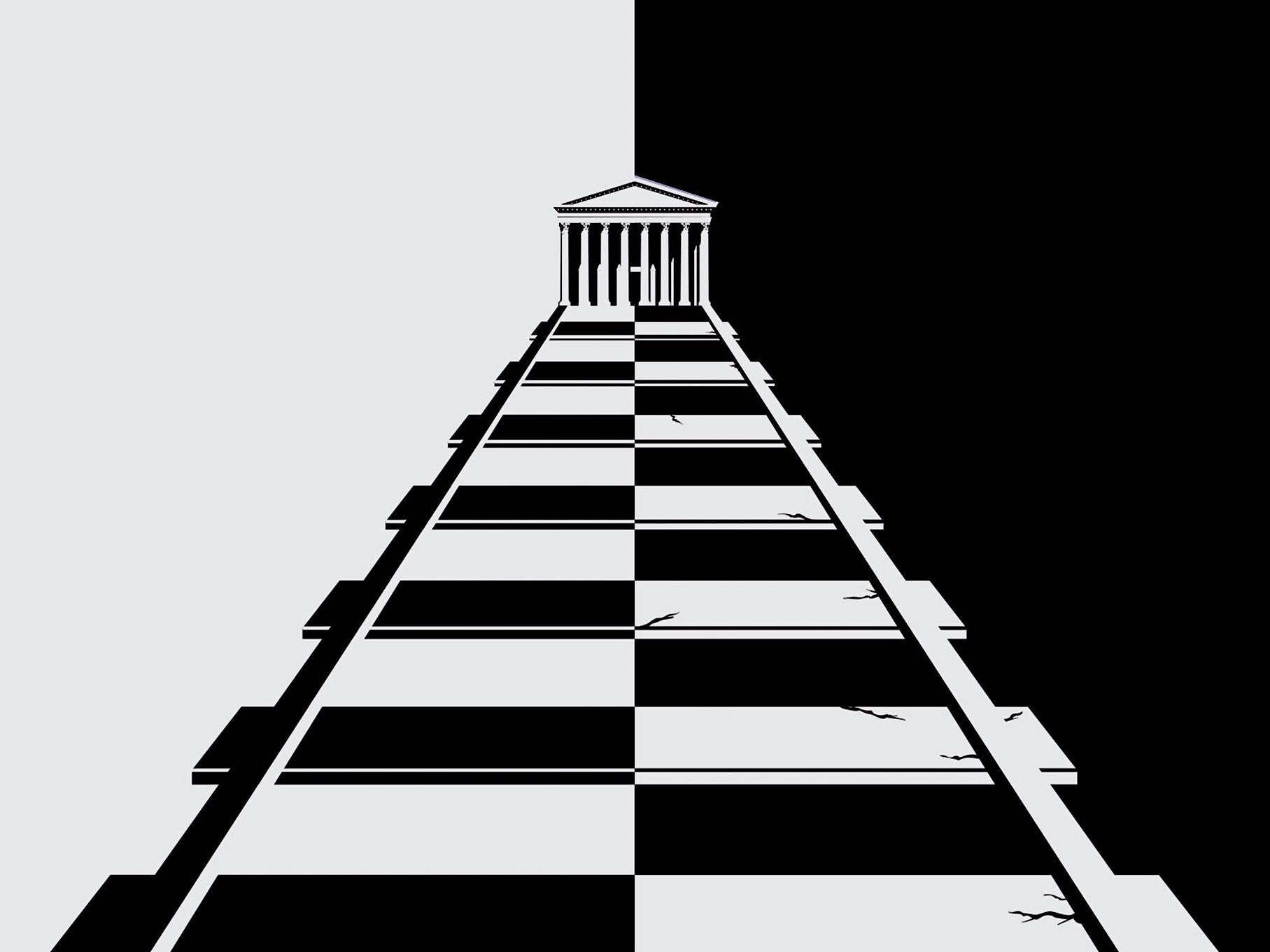 A black-and-white checkered path leads to a classical temple, split vertically between light and dark halves.