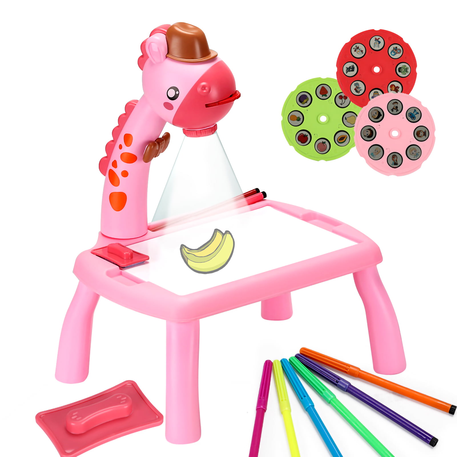 Pink giraffe-shaped tracing projector toy with drawing table, colorful pens, and interchangeable image discs for kids' creative learning.