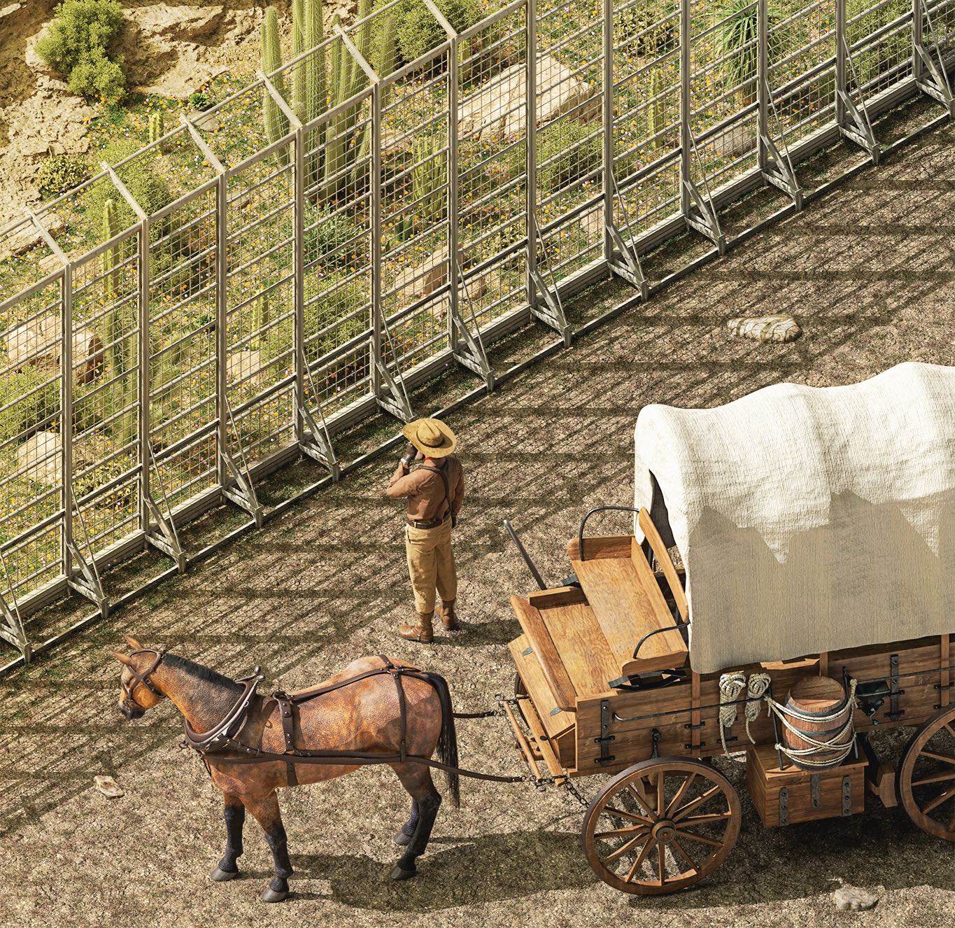 Cowboy and Wagon Beside Desert Enclosure - Historical Scene