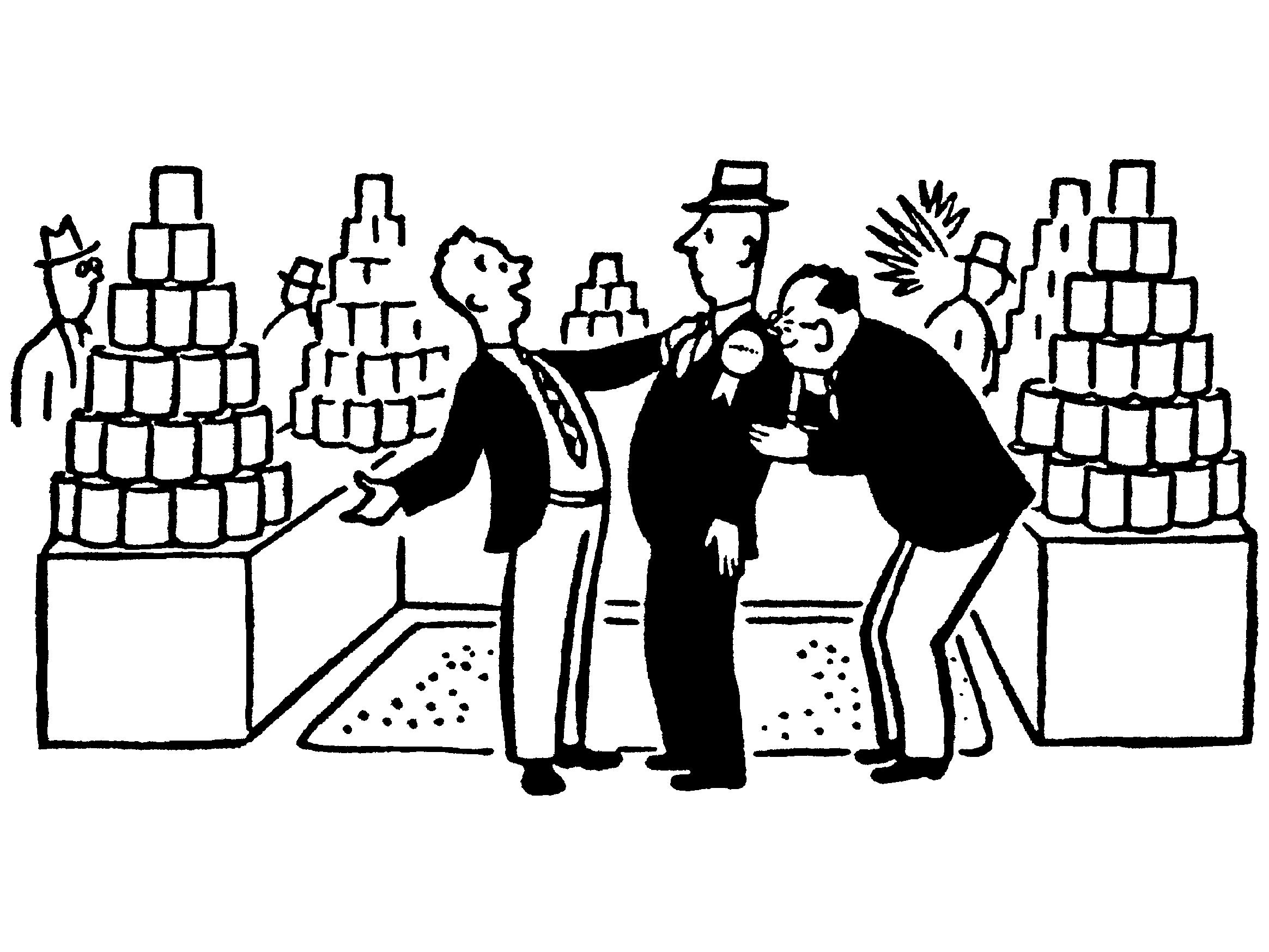 Three men in suits interacting near towering stacks of canned goods at a market or exhibition.
